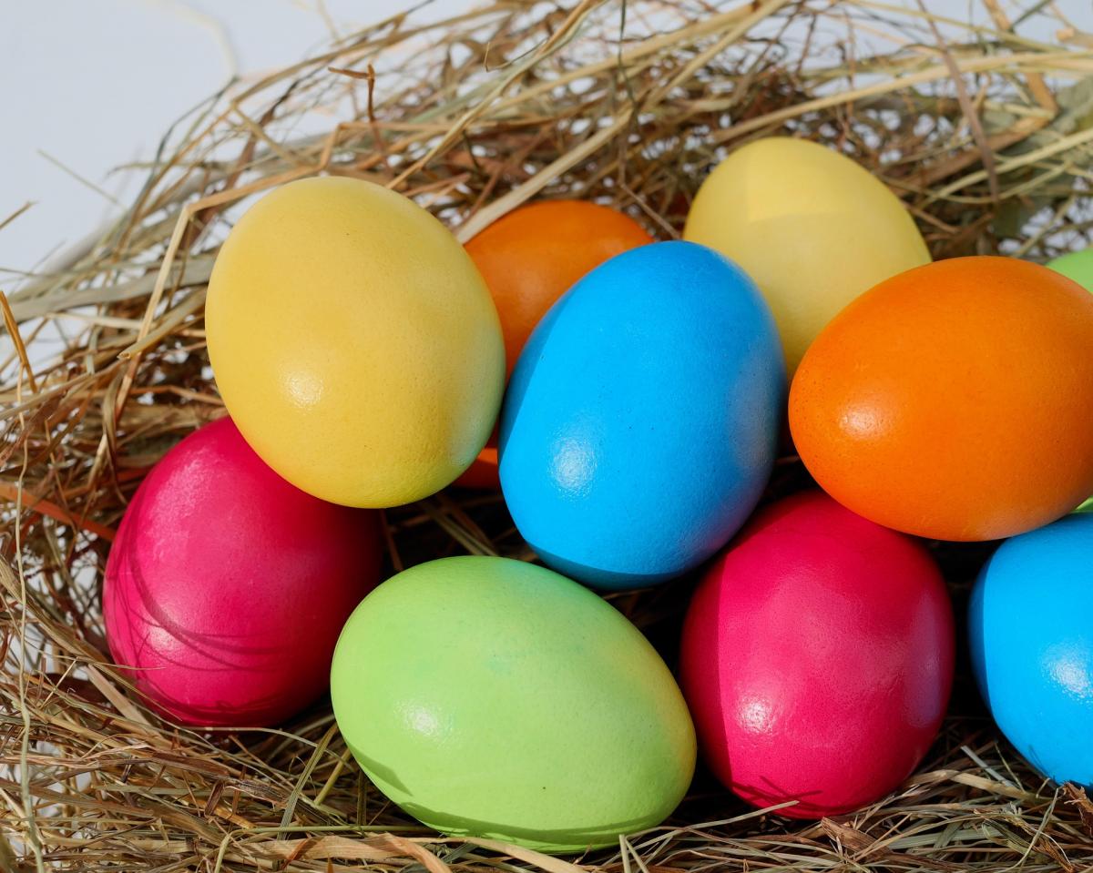 colored eggs in a basket
